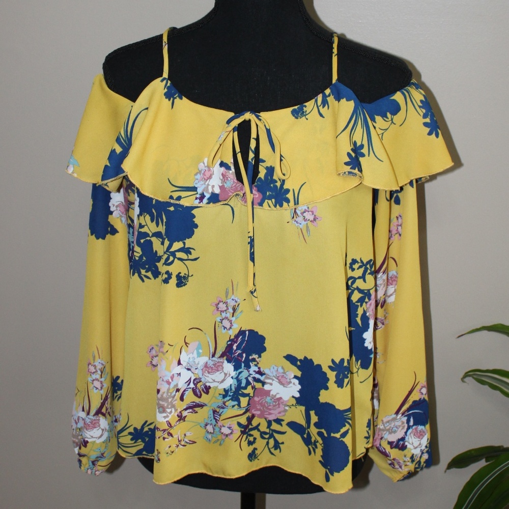 Papaya mustard open shoulder floral blouse - Picture 1 of 7